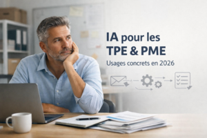 Dirigeant de PME au bureau, illustrant les usages concrets de l’IA pour les TPE et PME en 2026