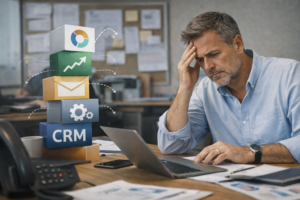 Dirigeant de PME confronté à l’empilement d’outils numériques, illustrant la complexité organisationnelle en entreprise