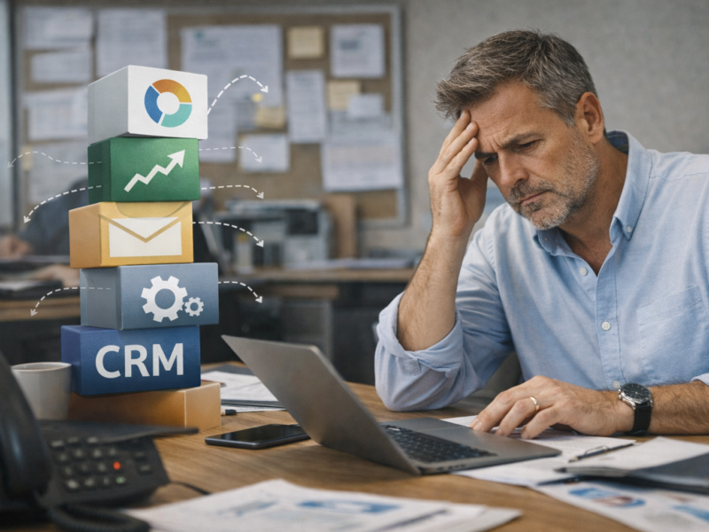 Dirigeant de PME confronté à l’empilement d’outils numériques, illustrant la complexité organisationnelle en entreprise